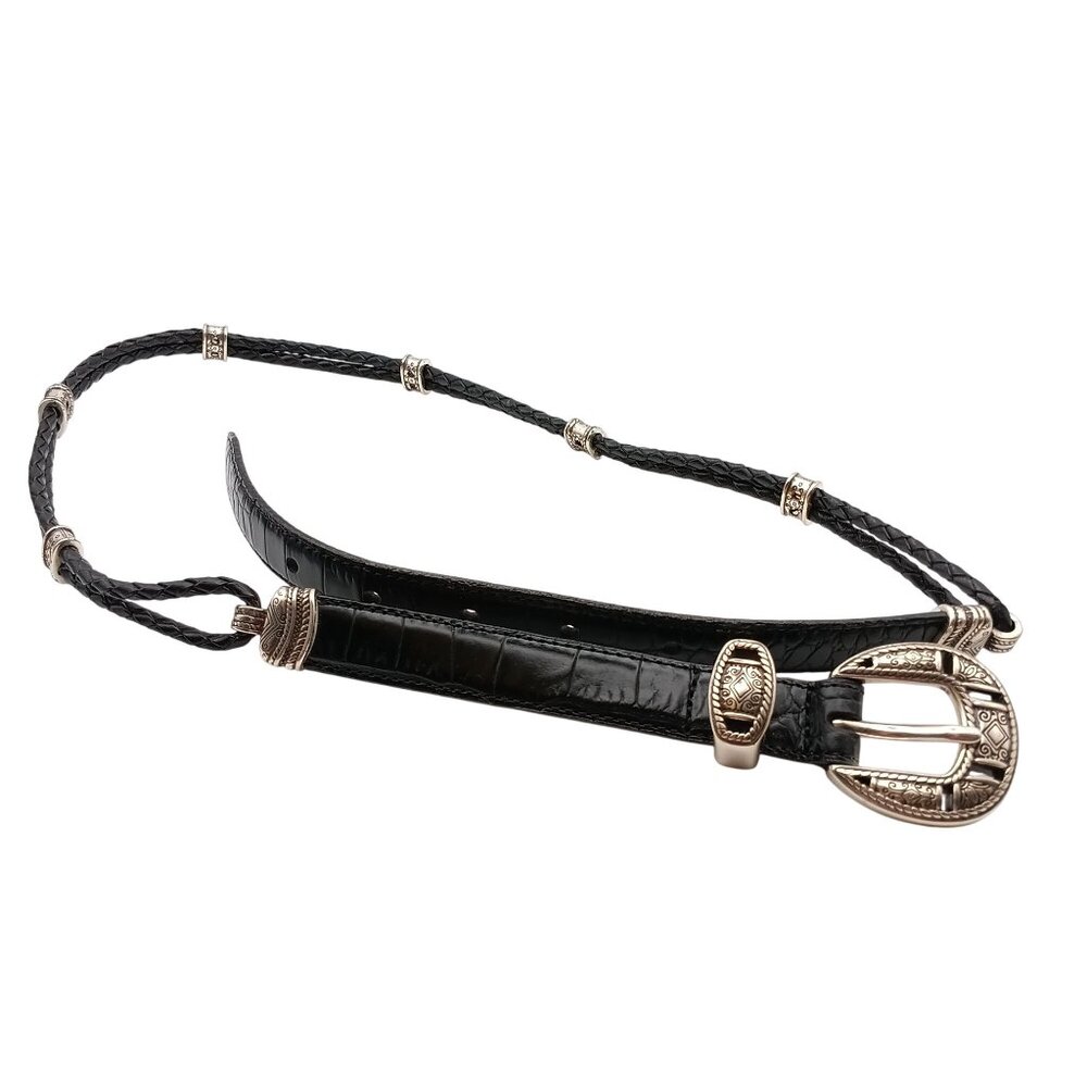Brighton Black Leather Western Belt with Split Braided Design and Silver-Tone